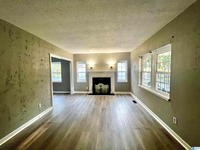 unfurnished living room with wood-type flooring, a textured ceiling, and a healthy amount of sunlight