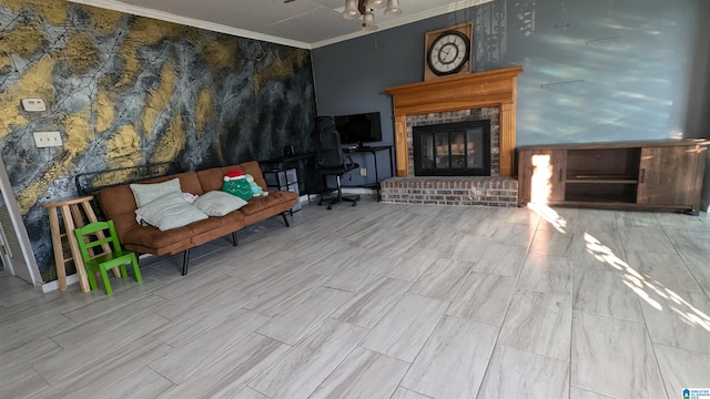 unfurnished room with ceiling fan, a fireplace, and ornamental molding