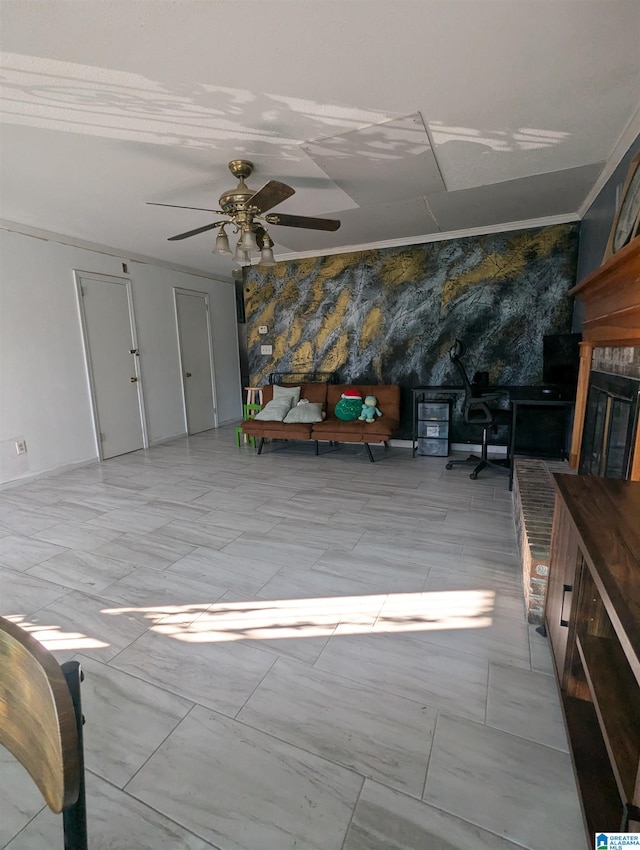 interior space featuring ceiling fan and an outdoor fireplace