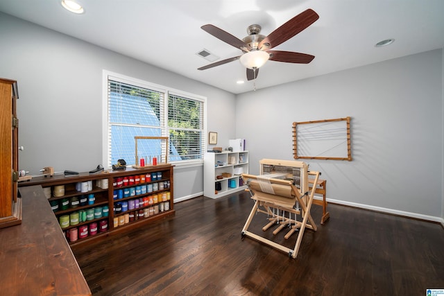 office area with dark hardwood / wood-style flooring and ceiling fan