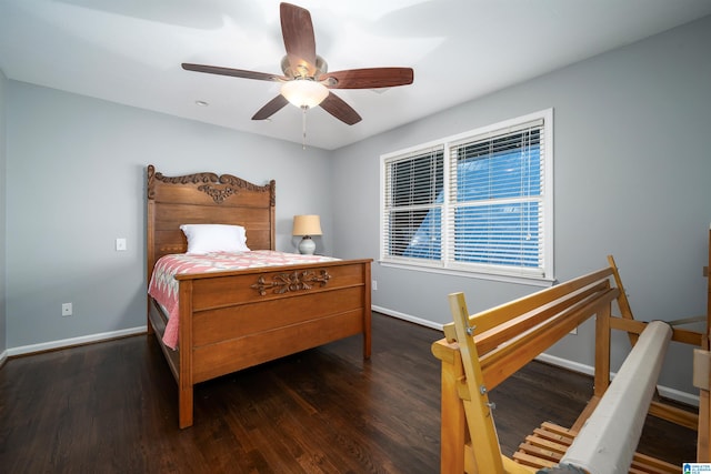 bedroom featuring dark wood-type flooring and ceiling fan