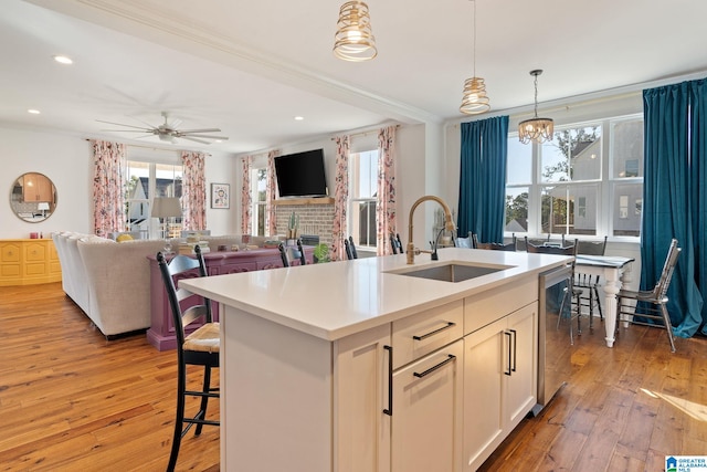 kitchen with a center island with sink, light wood-type flooring, plenty of natural light, and sink