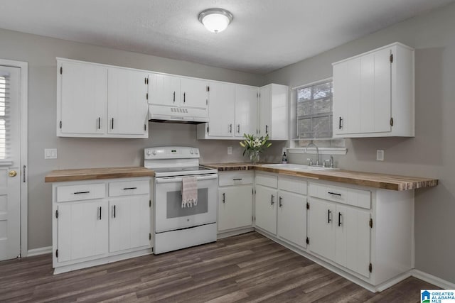 kitchen featuring white electric range oven, sink, a healthy amount of sunlight, and white cabinetry