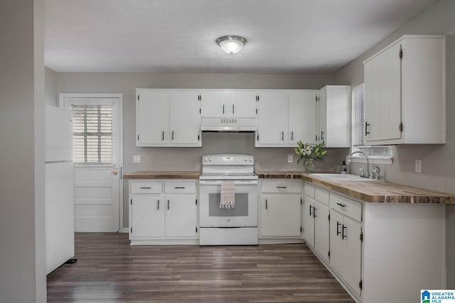 kitchen featuring white appliances, white cabinets, sink, and dark hardwood / wood-style flooring