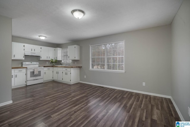 kitchen with white cabinetry, white electric stove, sink, dark hardwood / wood-style floors, and a textured ceiling