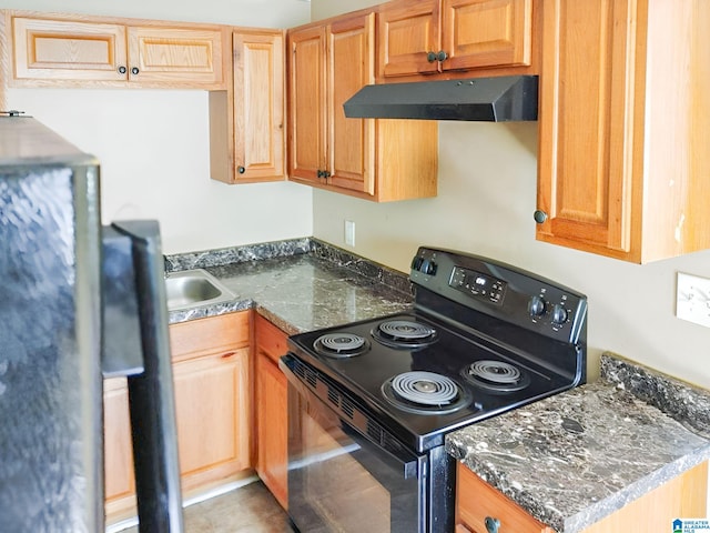 kitchen featuring dark stone countertops, black / electric stove, and sink