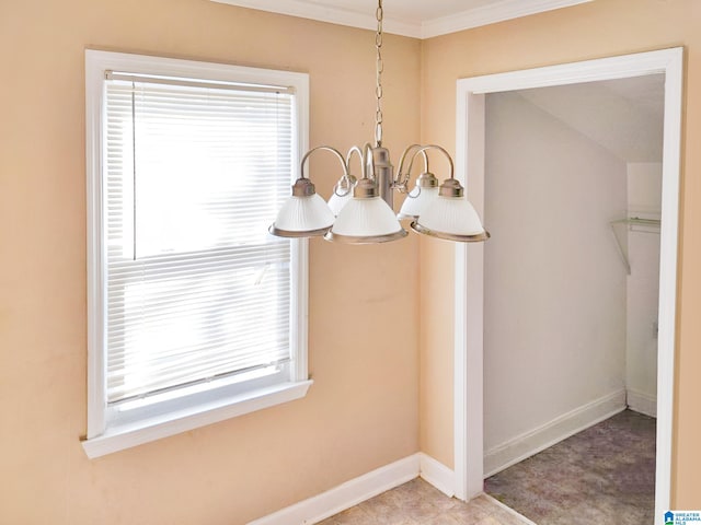 interior space with ornamental molding and a notable chandelier