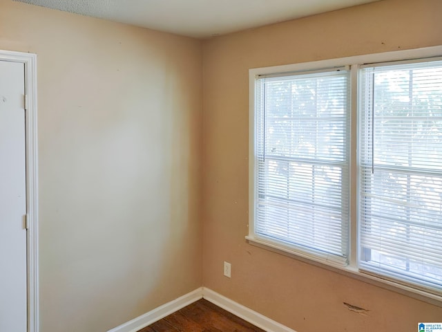 spare room featuring plenty of natural light and dark hardwood / wood-style flooring