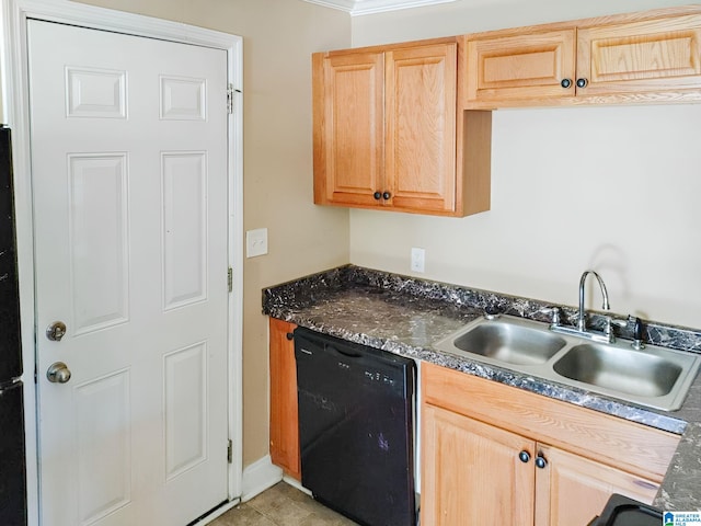 kitchen featuring ornamental molding, sink, light brown cabinets, and dishwasher