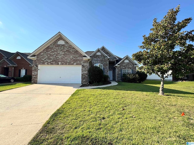 view of front of property with a front lawn and a garage