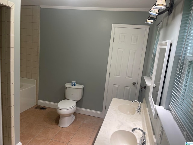 full bathroom featuring vanity, plus walk in shower, tile patterned flooring, ornamental molding, and toilet