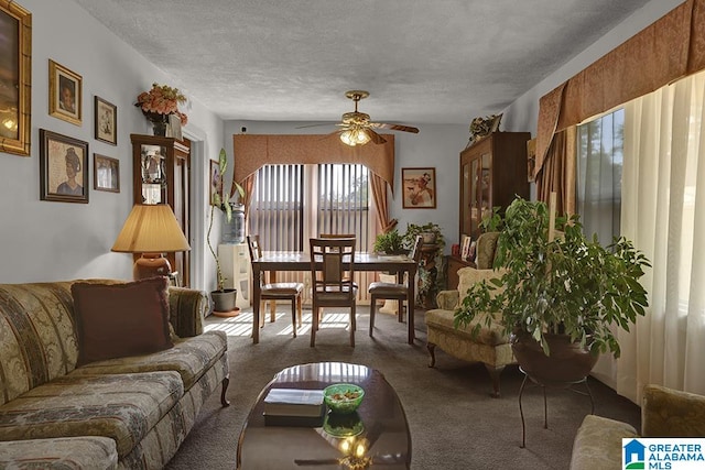 living room with ceiling fan, a textured ceiling, and carpet flooring