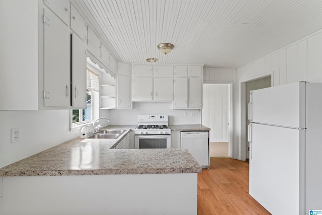 kitchen with light hardwood / wood-style flooring, kitchen peninsula, sink, white cabinets, and white appliances