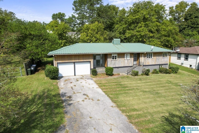 ranch-style house with a front yard, a porch, and a garage