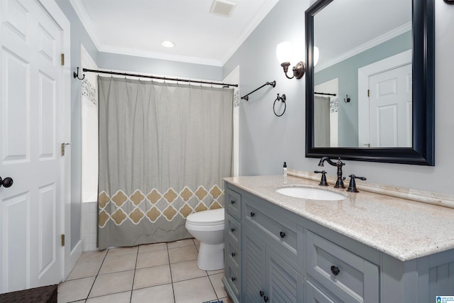 full bathroom with vanity, crown molding, toilet, and tile patterned floors