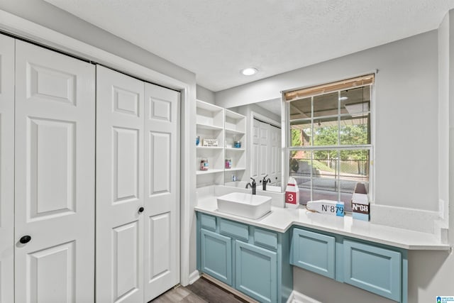 bathroom featuring vanity, a textured ceiling, and wood-type flooring