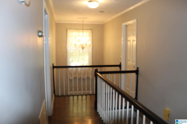 corridor with ornamental molding, a notable chandelier, and dark wood-type flooring