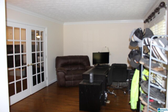 home office with ornamental molding, french doors, and dark hardwood / wood-style flooring