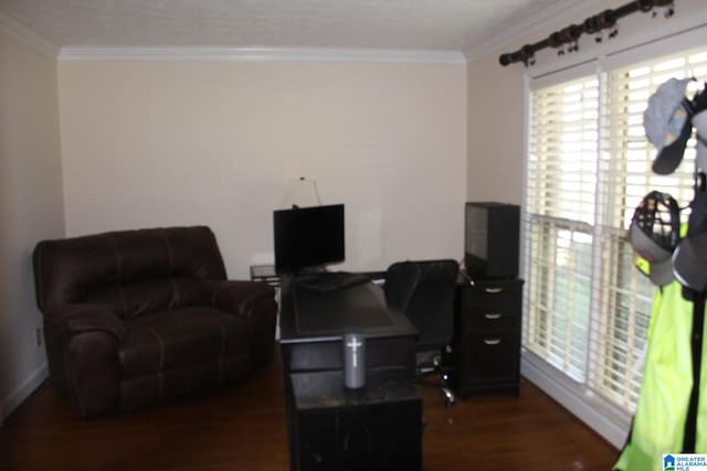 office space featuring ornamental molding and dark hardwood / wood-style flooring