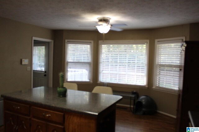 kitchen with ceiling fan, a textured ceiling, and dark hardwood / wood-style floors