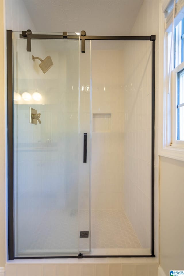 bathroom featuring a shower with door