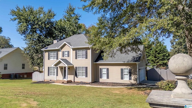 colonial home featuring a front yard and central AC