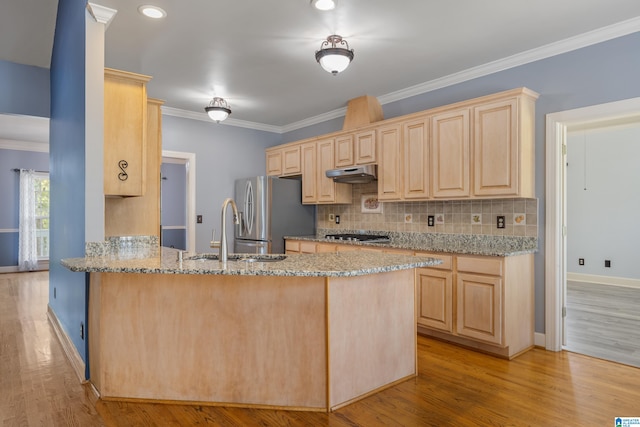 kitchen featuring appliances with stainless steel finishes, light wood-type flooring, kitchen peninsula, crown molding, and light brown cabinets