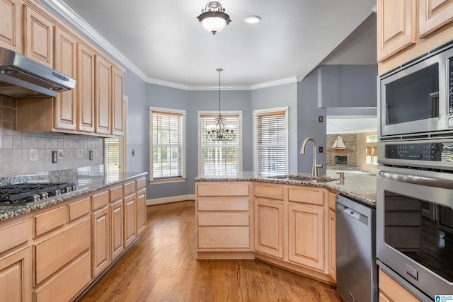 kitchen featuring light brown cabinetry, appliances with stainless steel finishes, sink, light wood-type flooring, and crown molding