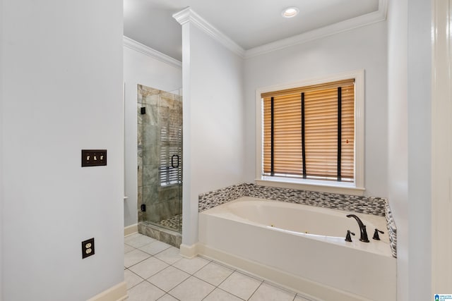 bathroom with crown molding, plus walk in shower, and tile patterned flooring