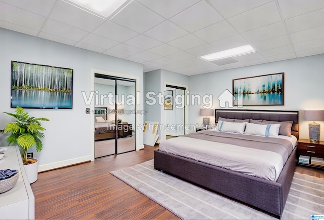 bedroom featuring a paneled ceiling and hardwood / wood-style flooring