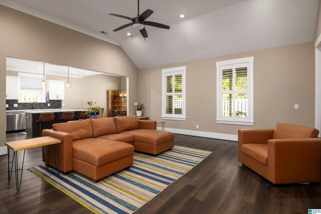 living room with high vaulted ceiling, ceiling fan, dark hardwood / wood-style floors, sink, and ornamental molding