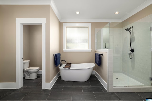 bathroom with crown molding, shower with separate bathtub, tile patterned floors, and toilet