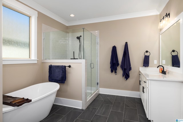 bathroom with crown molding, tile patterned flooring, vanity, and shower with separate bathtub