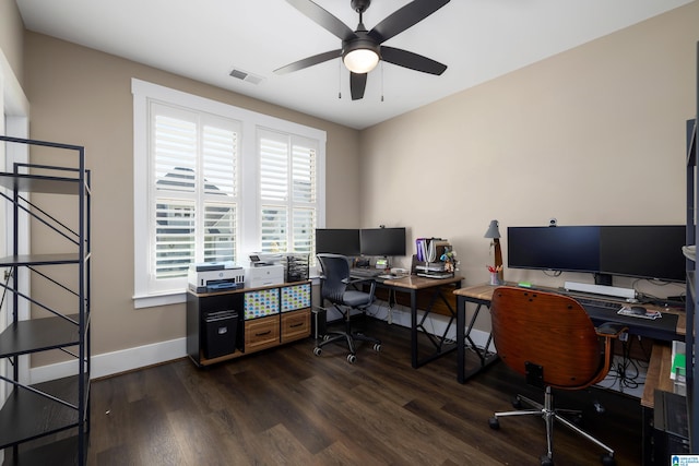 office space with ceiling fan and dark wood-type flooring