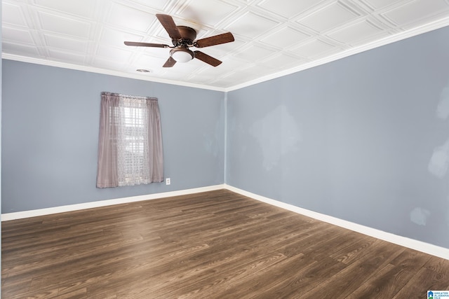 empty room with dark hardwood / wood-style floors, ornamental molding, and ceiling fan