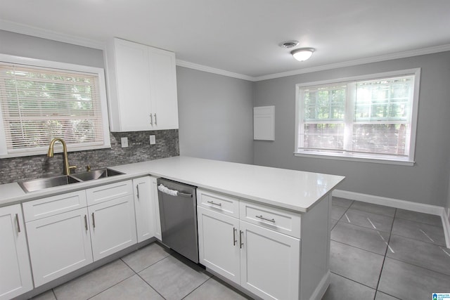 kitchen featuring dishwasher, white cabinetry, kitchen peninsula, and sink