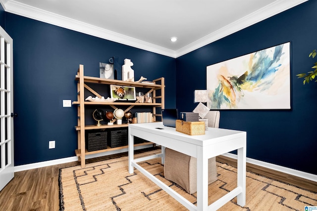 office featuring crown molding and wood-type flooring