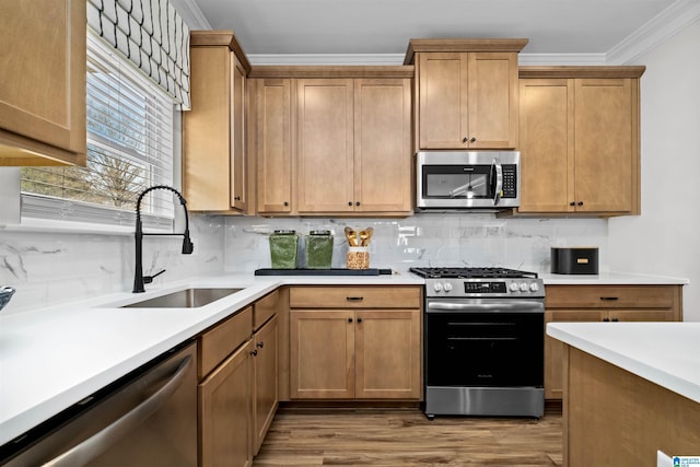 kitchen with stainless steel appliances, decorative backsplash, sink, ornamental molding, and light hardwood / wood-style flooring