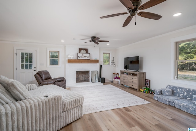 21023 Monroe Dunn Rd, Berry, AL 35546 - living room featuring ornamental molding, a fireplace, ceiling fan, and light hardwood / wood-style flooring