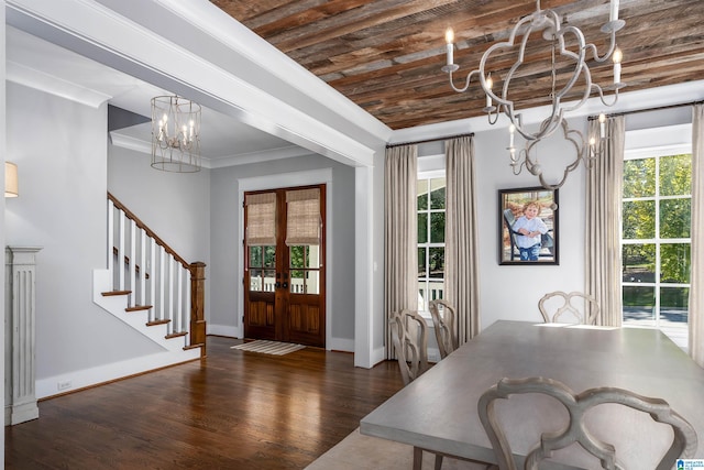 unfurnished dining area with wooden ceiling, dark wood-type flooring, a healthy amount of sunlight, and french doors