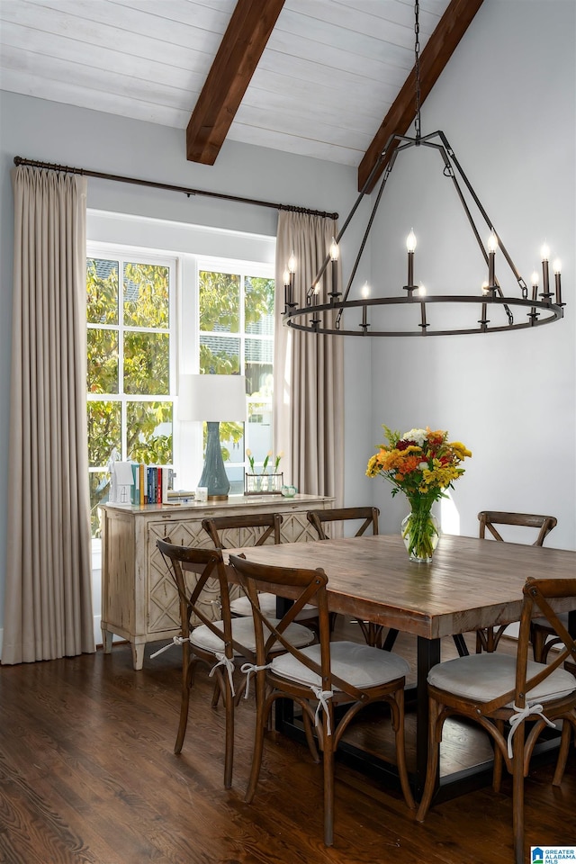 dining space featuring a chandelier, vaulted ceiling with beams, dark hardwood / wood-style flooring, and wooden ceiling