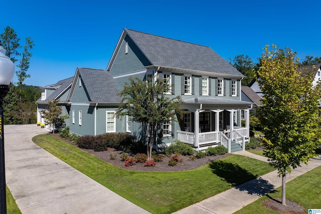 view of front of house with covered porch and a front yard