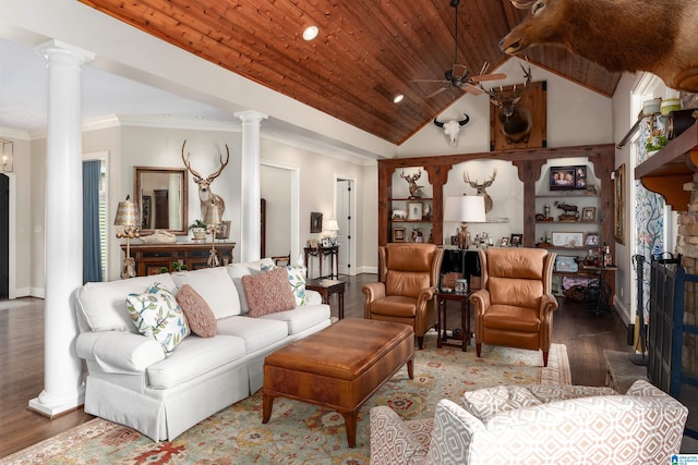 living room featuring ornate columns, wood ceiling, hardwood / wood-style floors, and ceiling fan