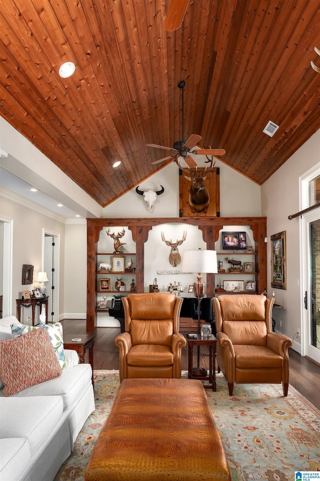 living room with ceiling fan, built in features, vaulted ceiling, wooden ceiling, and hardwood / wood-style floors