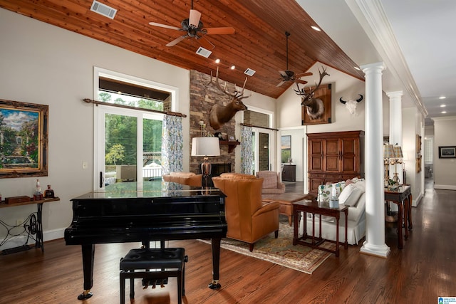 misc room with dark hardwood / wood-style floors, ornate columns, high vaulted ceiling, and wooden ceiling