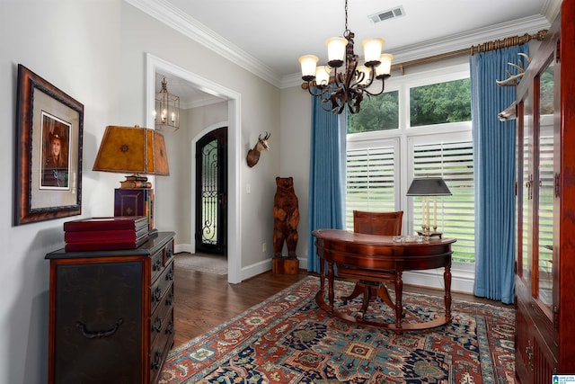 office featuring a notable chandelier, crown molding, and dark hardwood / wood-style flooring