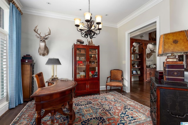 interior space with crown molding, an inviting chandelier, and dark hardwood / wood-style floors