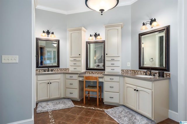 bathroom featuring ornamental molding, tile patterned floors, and vanity