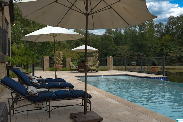 view of pool with a patio and pool water feature