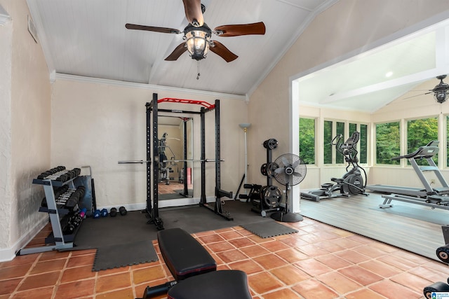 exercise area with crown molding, vaulted ceiling, and ceiling fan